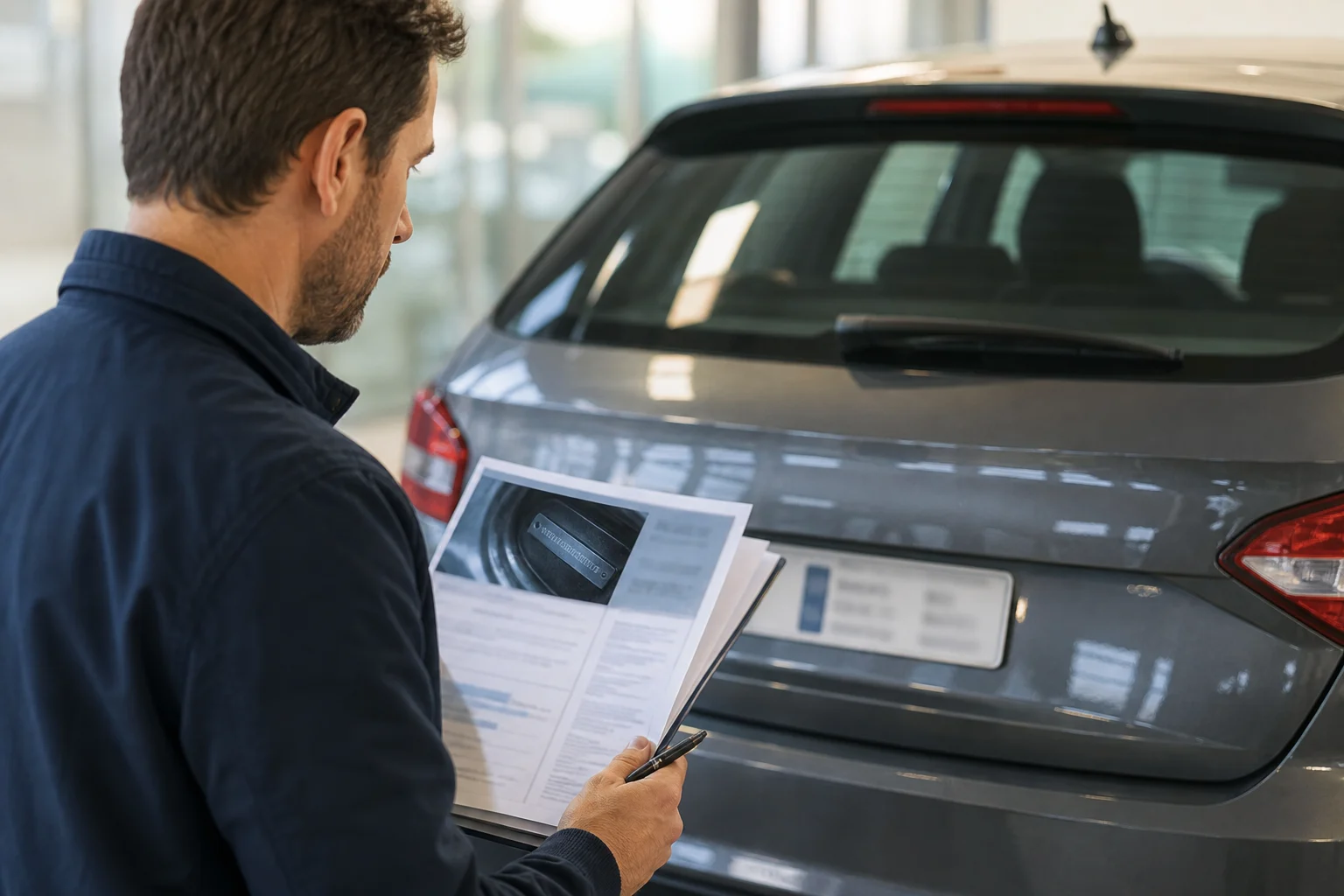 Persona che controlla il VIN e la targa nella documentazione di un’auto usata.