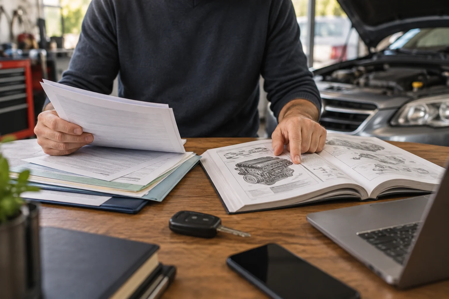Acheteur compare les documents du véhicule avec un manuel technique