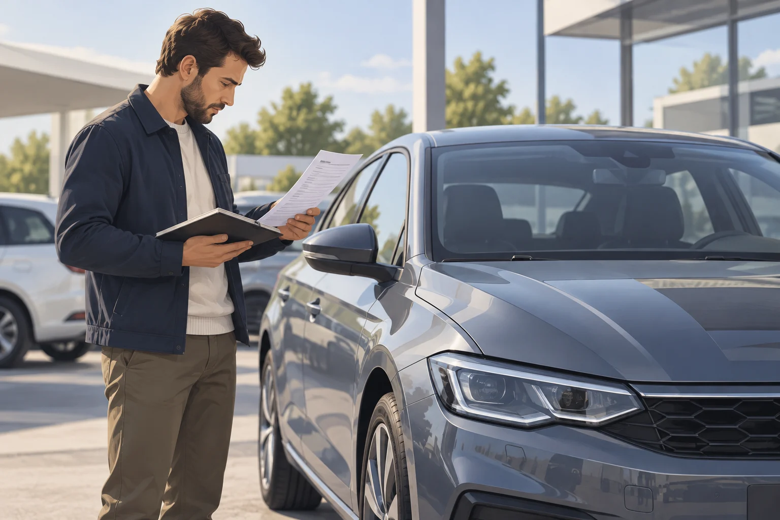 Pessoa consulta documentação técnica junto a um carro estacionado