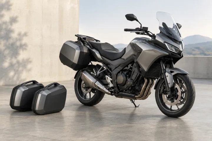 Generic touring motorcycle with side panniers fitted and another set removed beside it