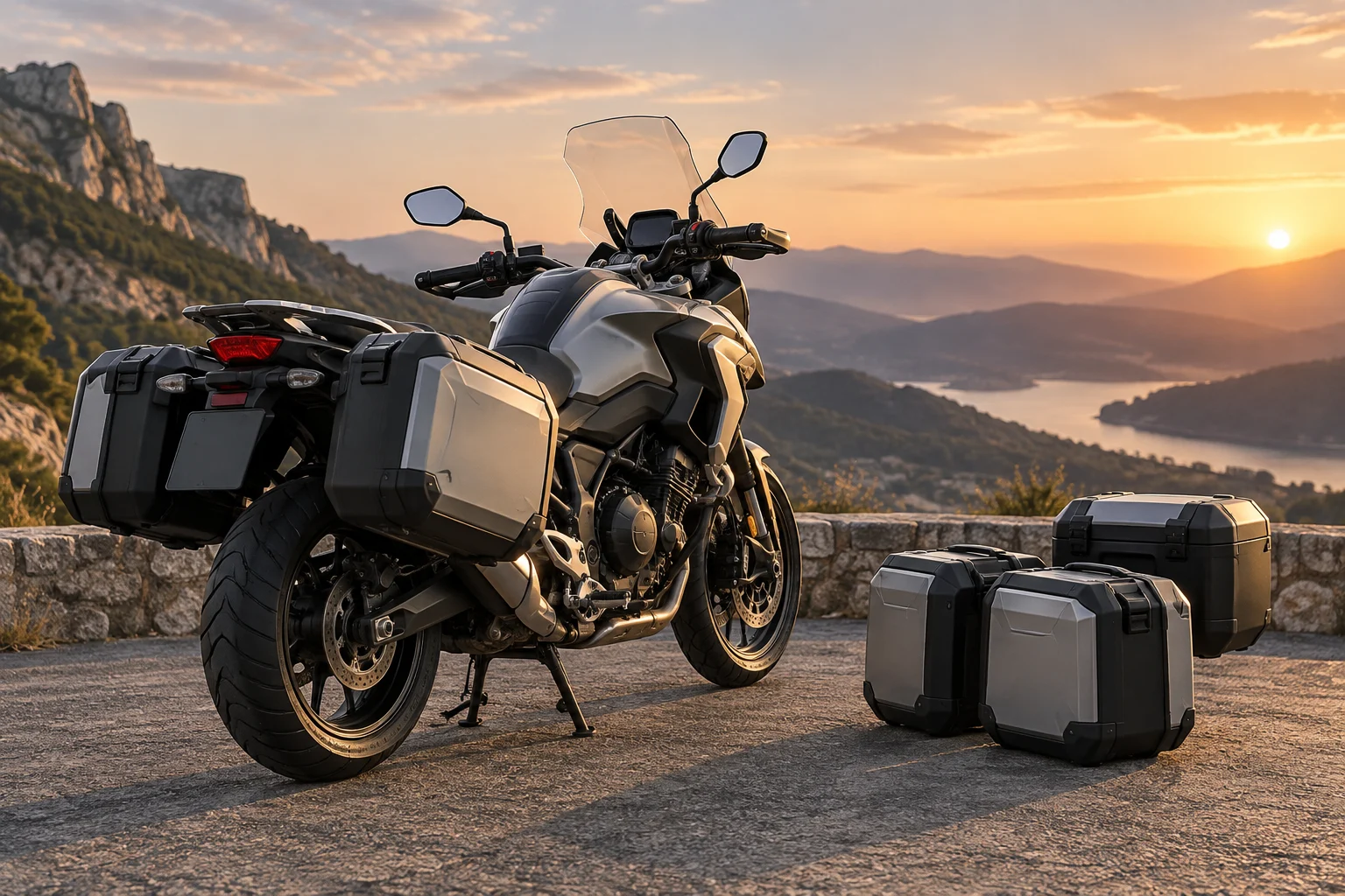 Touring-Motorrad mit montierten Seitenkoffern und einem daneben abgestellten abnehmbaren Koffersatz