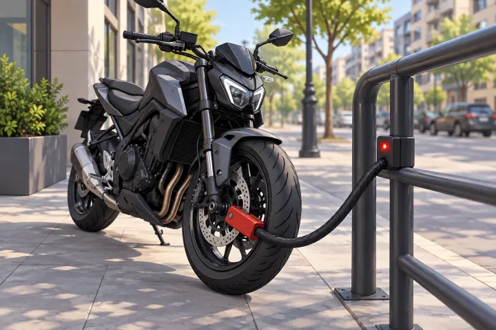 Motorrad auf der Straße geparkt mit einem Bremsscheibenschloss und sichtbarer Alarmanlage, Illustration der FahrzeugSicherheit