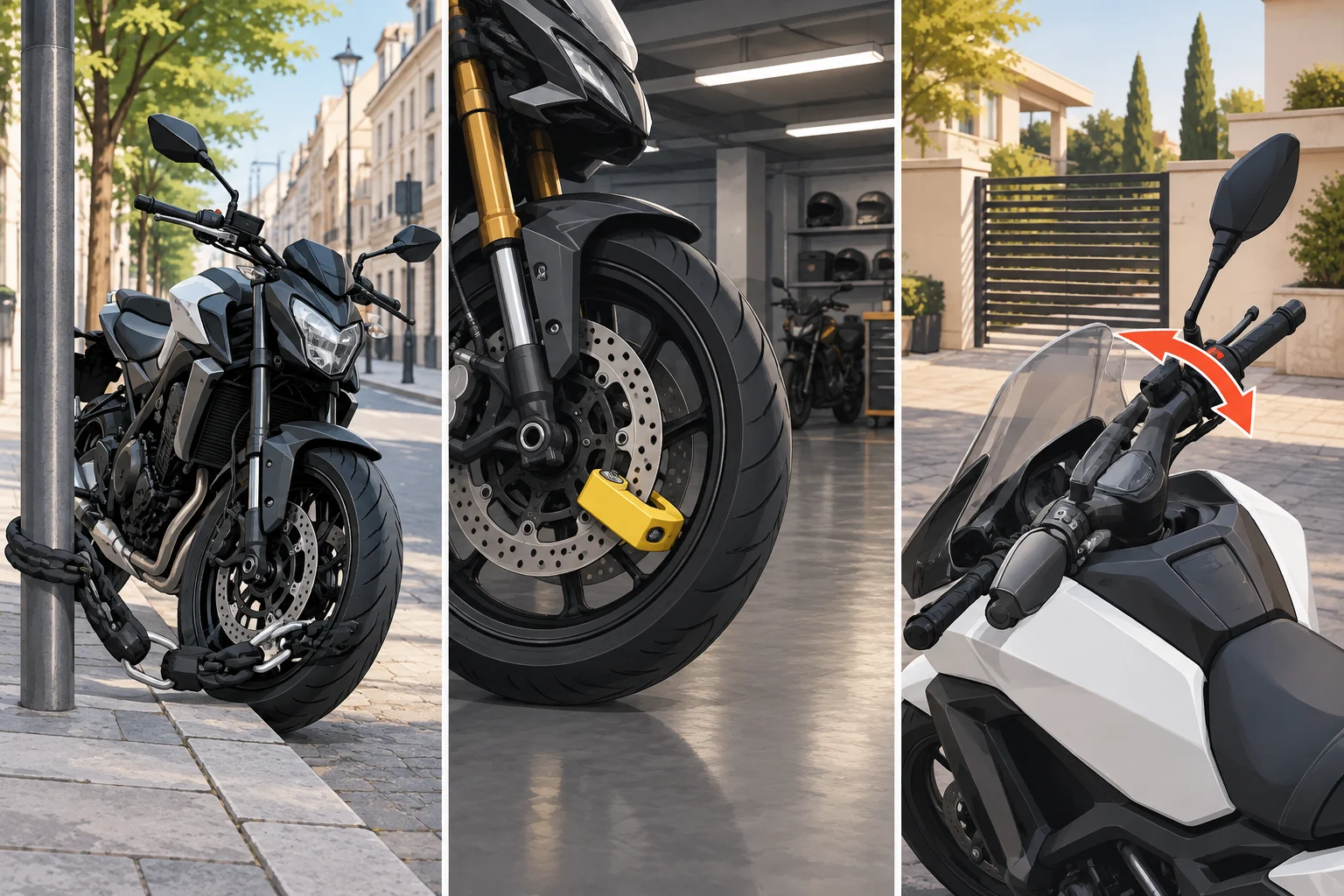 Grafischer Vergleich von Diebstahlschutzmaßnahmen für Motorräder auf Straße, in Garage und auf privatem Stellplatz