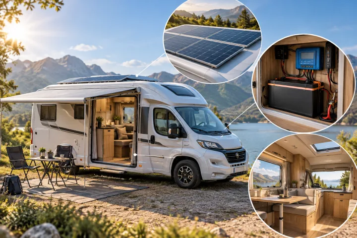 Wohnmobil mit auf dem Dach installierten Solarpanelen und sichtbarer Verkabelung