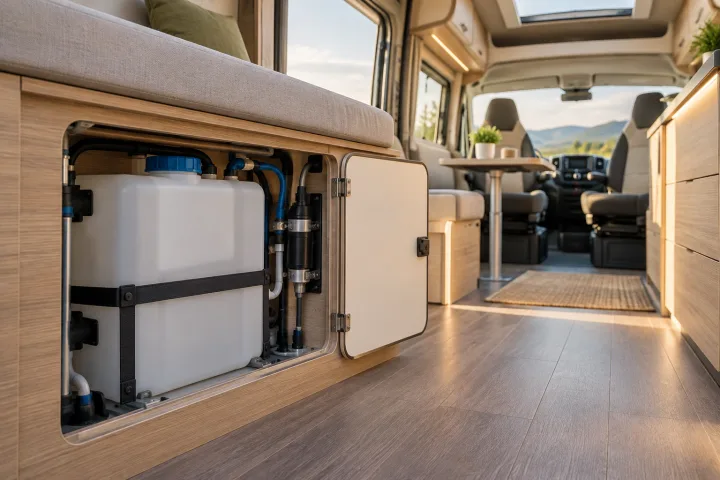 Intérieur d'un motorhome montrant le réservoir d'eau propre et le système de filtration, avec une personne vérifiant les niveaux.
