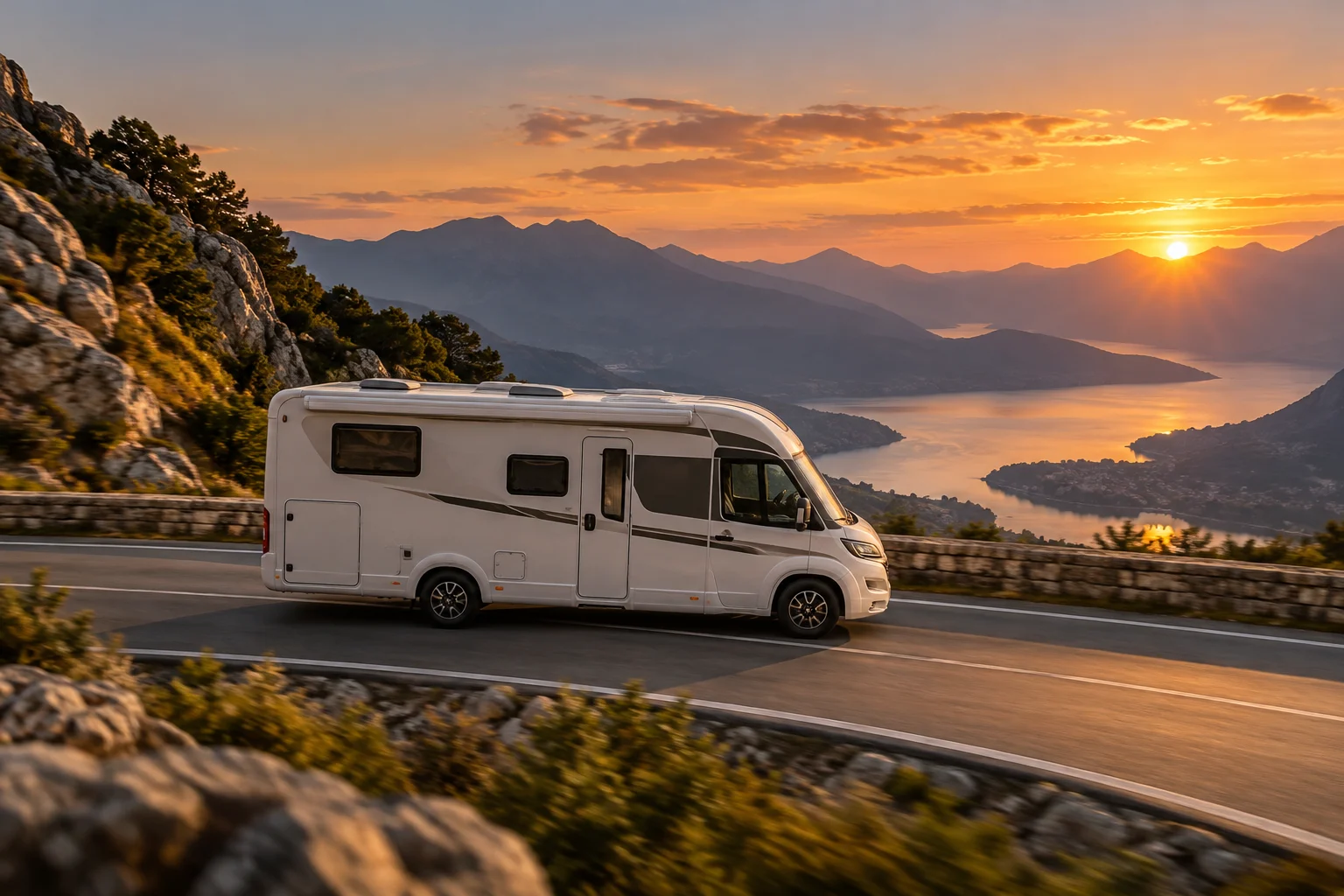 Motorhome sur une route de montagne au coucher du soleil