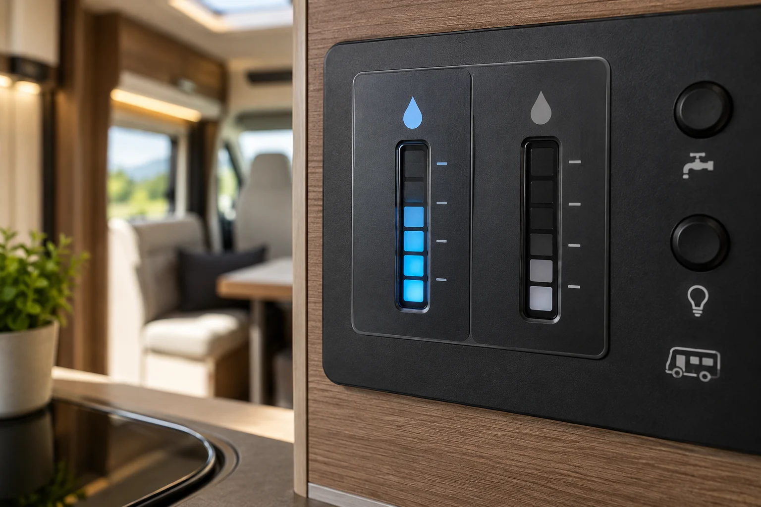 Panneau de contrôle de motorhome avec indicateurs de niveau d'eau