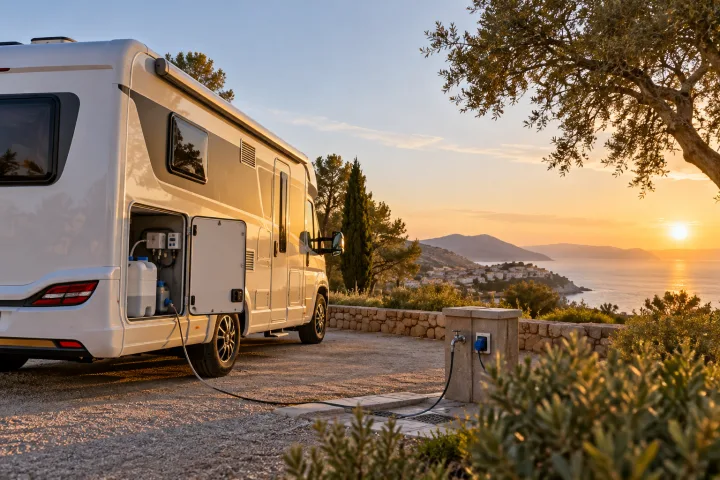 Camping-car stationné dans une aire de service avec le capot ouvert montrant le compartiment d'eau et d'électricité, sous la lumière du coucher de soleil.