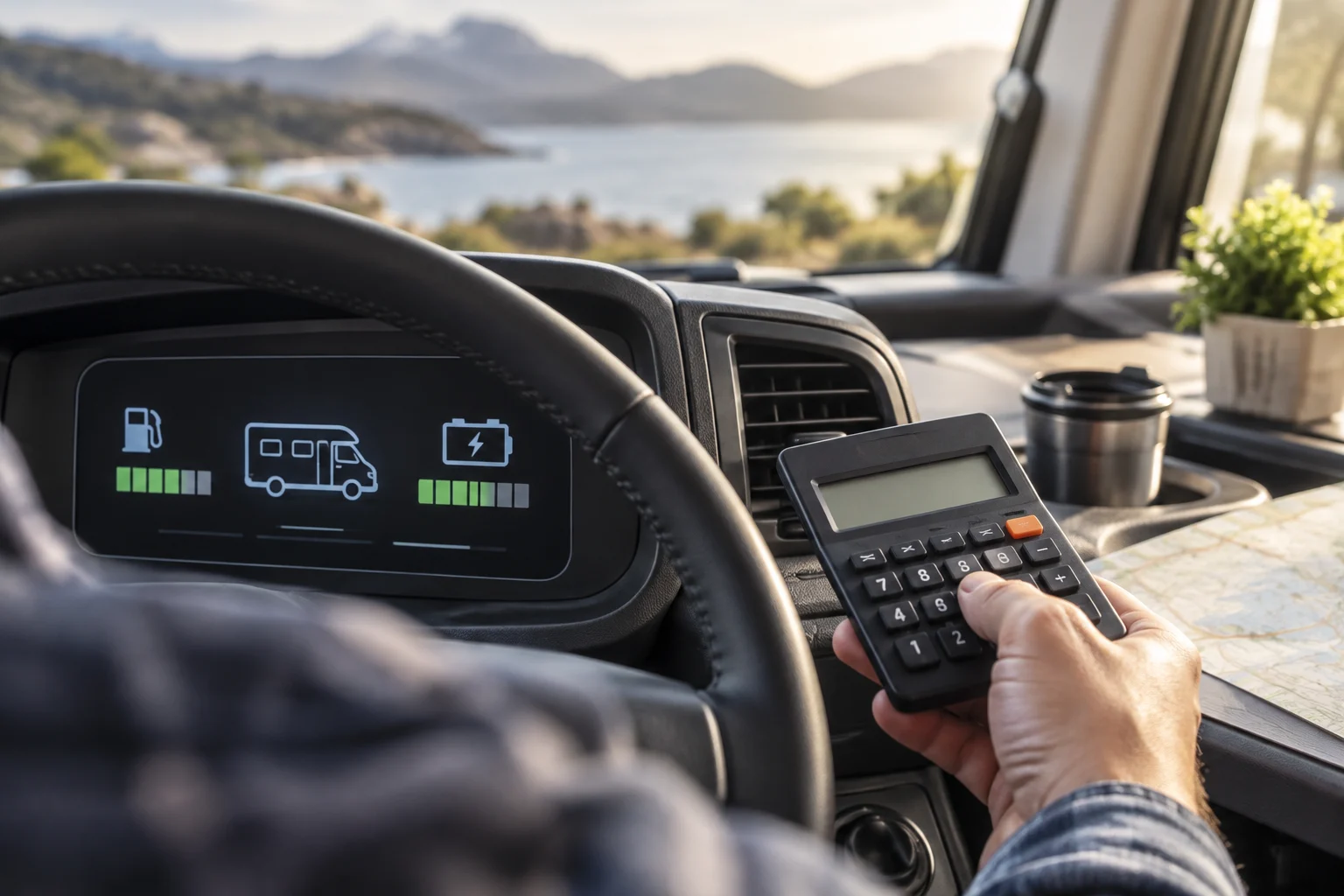 Armaturenbrett eines Wohnmobils mit digitaler Anzeige für Kraftstoff- und Batteriestand, im Vordergrund eine Hand mit einem Taschenrechner.