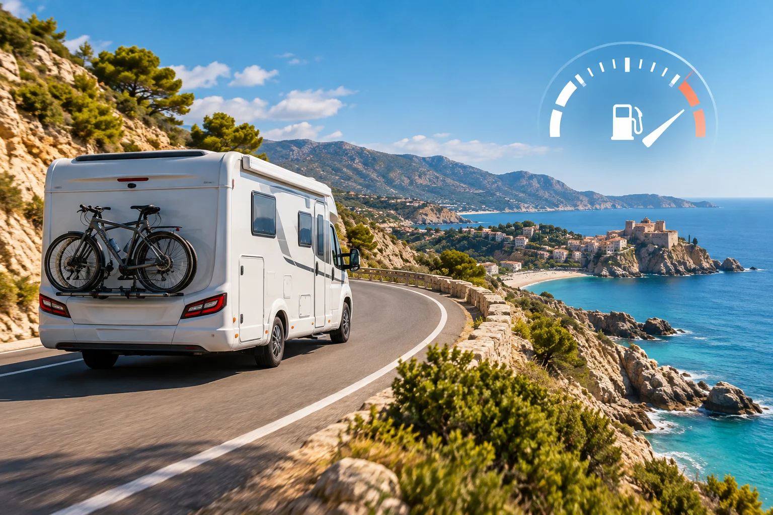 Wohnmobil, das tagsüber auf einer Küstenstraße in Spanien fährt.