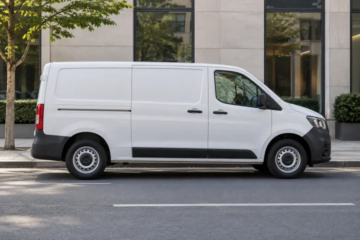Side view of a white delivery van parked on an urban street, with a subtle financial calculation panel overlaid in the background.