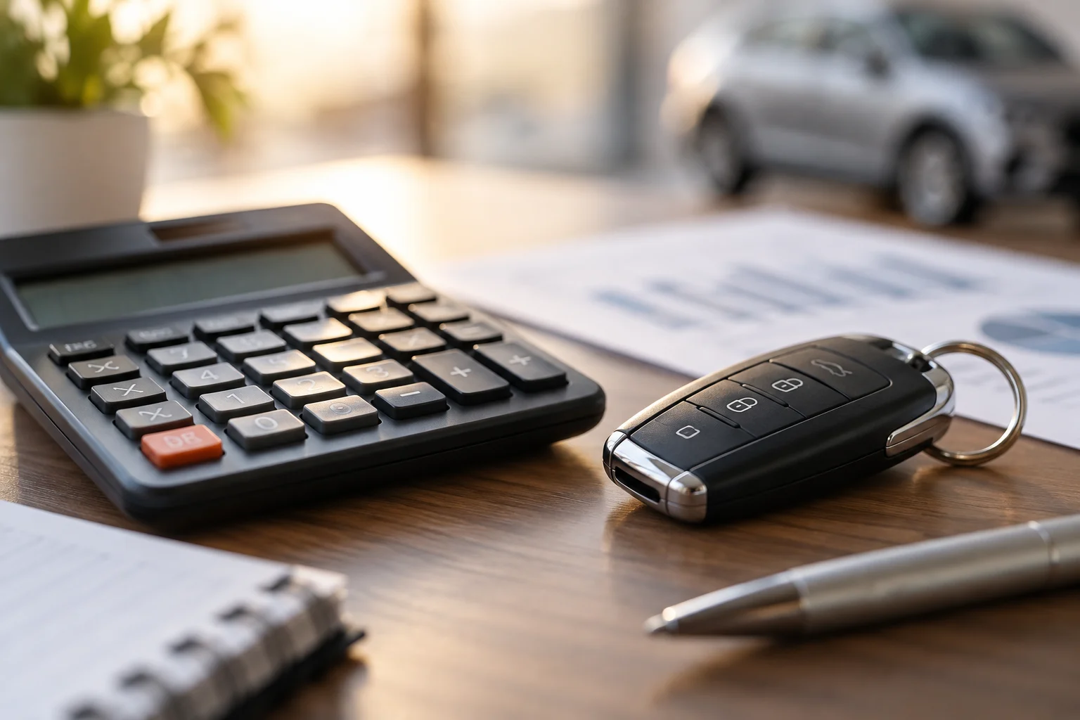 Calculatrice financière et clé de voiture sur un bureau, symbolisant le calcul des coûts de propriété.