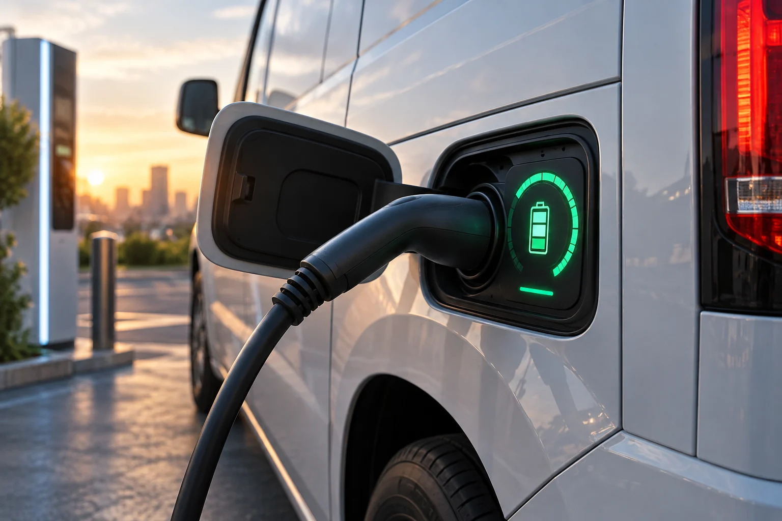 Charging cable connected to an electric van with a status screen.