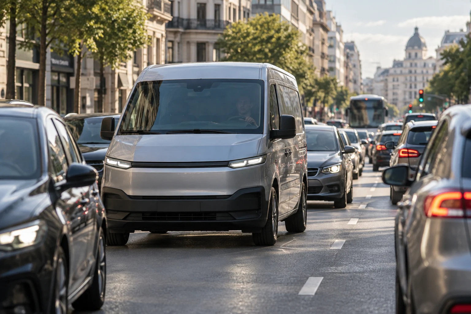 Electric van driving through an urban street with traffic.