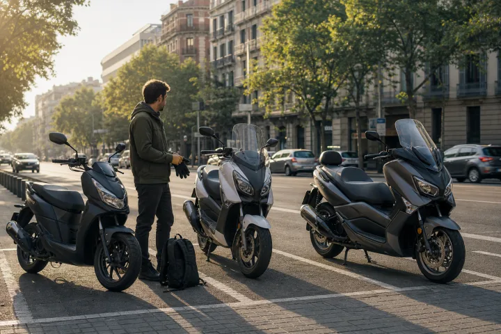 Pessoa com capacete junto de três scooters estacionadas numa rua urbana: uma compacta, uma de roda alta e uma GT