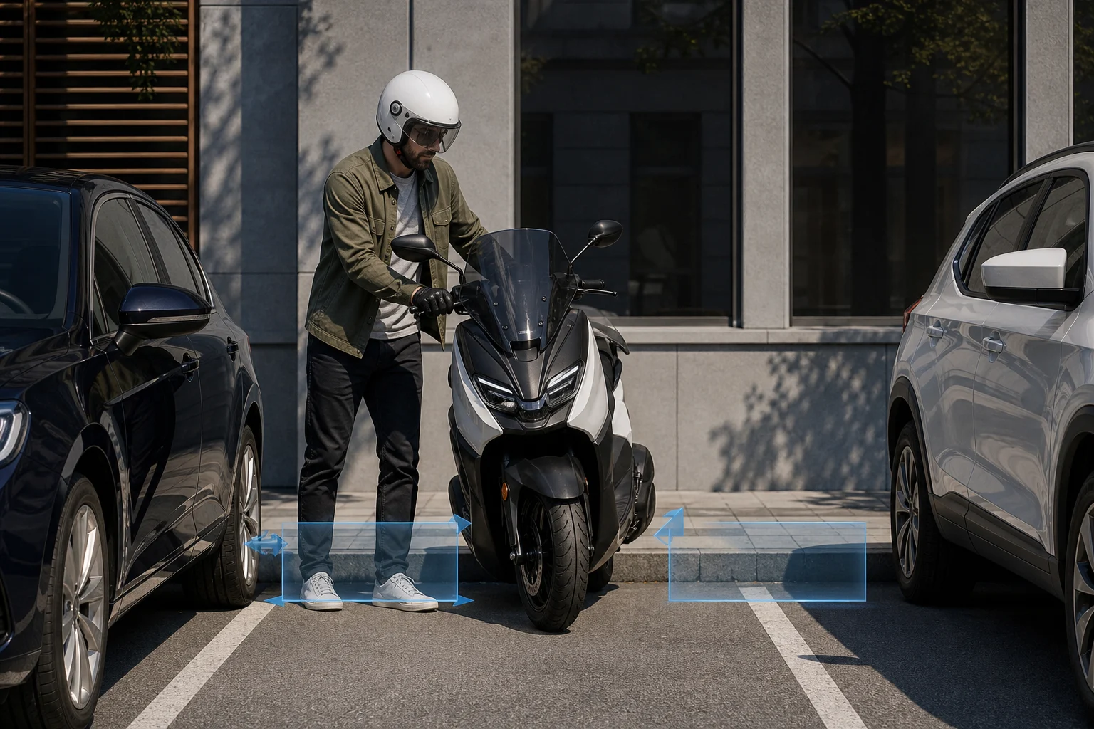 Scooter compacta a entrar num lugar de estacionamento estreito na cidade