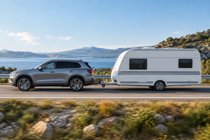 Side view of a car towing a caravan on a road, with space for technical details