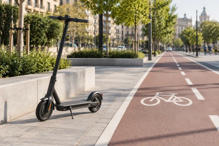 Electric scooter beside a signposted urban cycle lane
