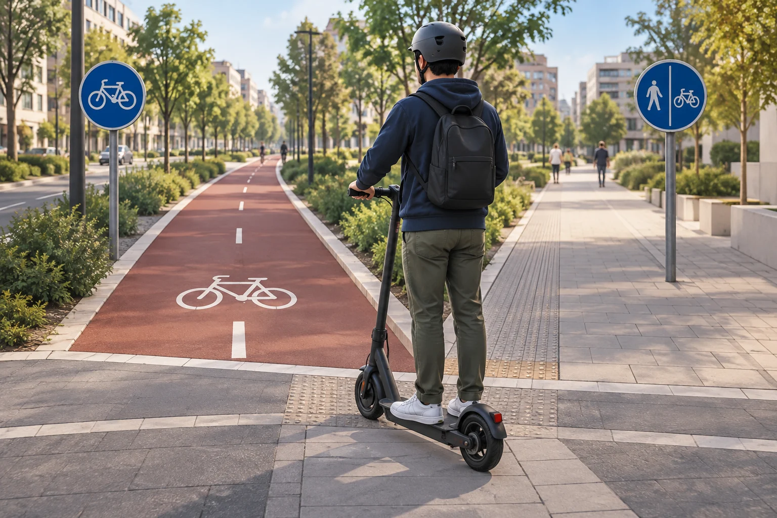 Electric scooter stopped beside an urban cycle lane