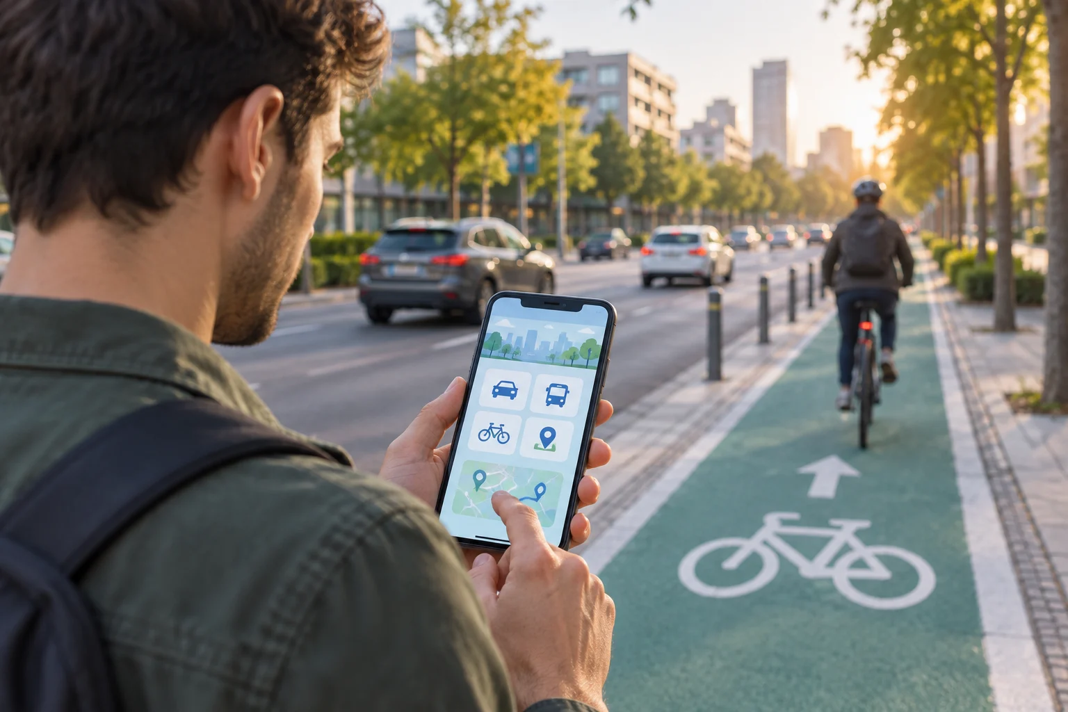 A user checks municipal mobility information beside a cycle lane