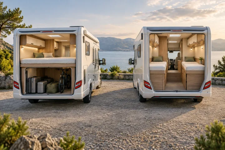 Vergleich einer Wohnmobilaufteilung mit Querbett und einer mit zwei längs angeordneten Einzelbetten