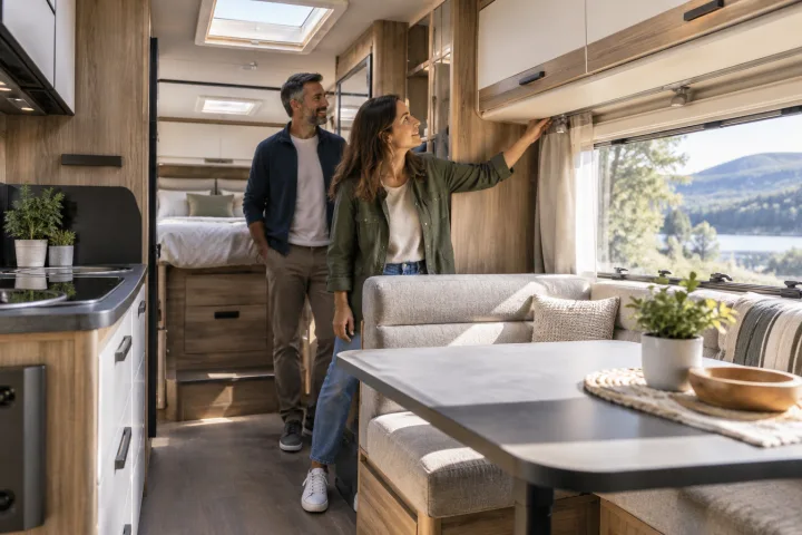 Casal a avaliar o interior e a disposição de uma autocaravana estacionada
