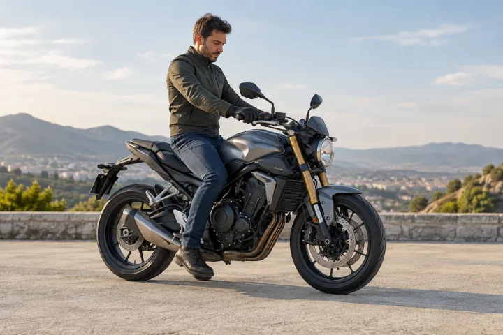 Person seated on a motorcycle, checking foot reach to the ground and the position of their arms and legs