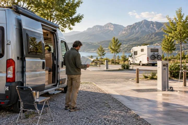 Campervan parked at a service area beside a motorhome, with a route map