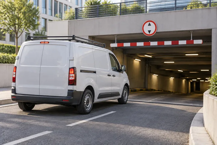Commercial van with a roof rack approaching a car park entrance with a height restriction sign