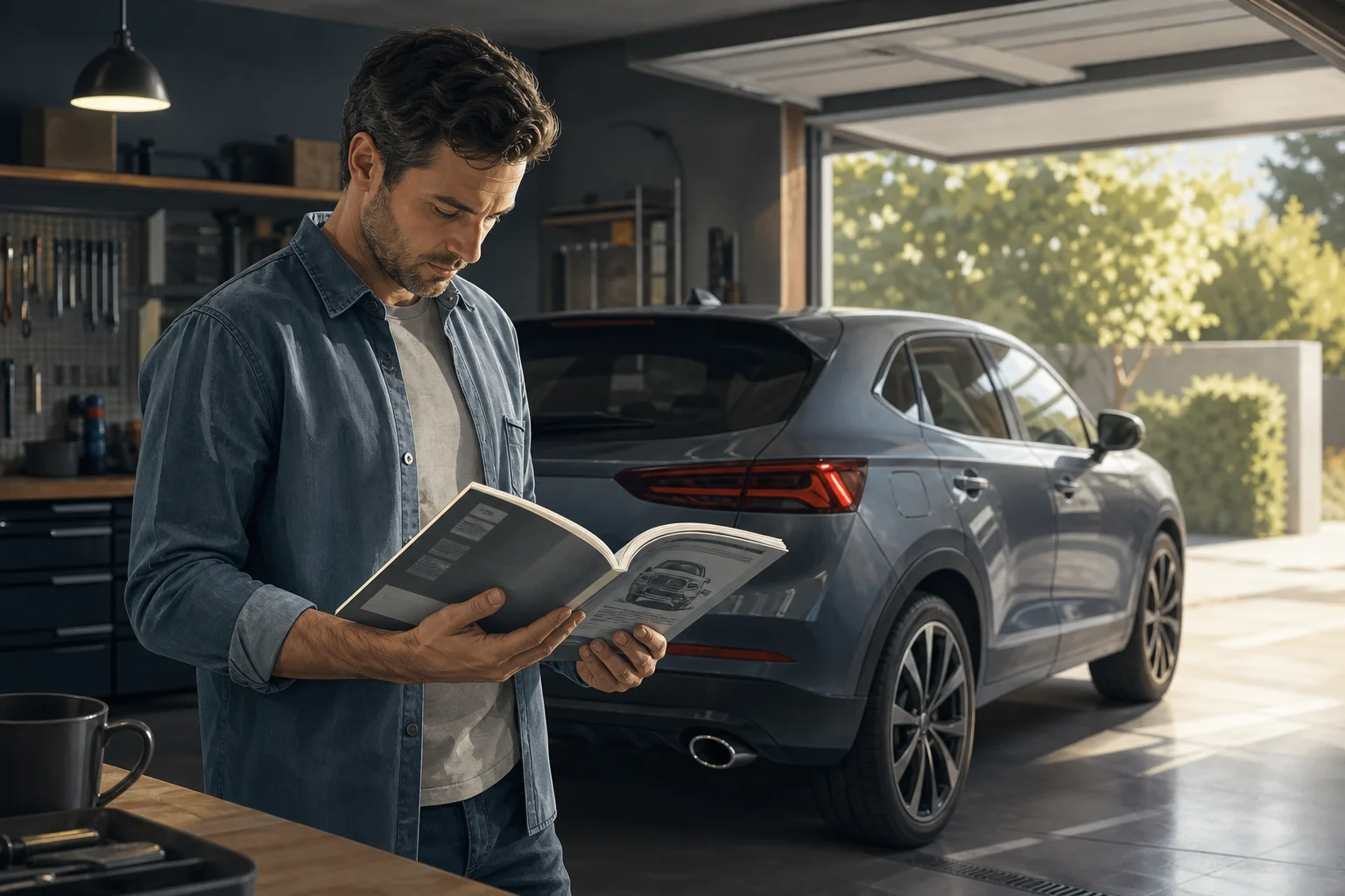 Driver consulting the owner’s manual beside a parked car