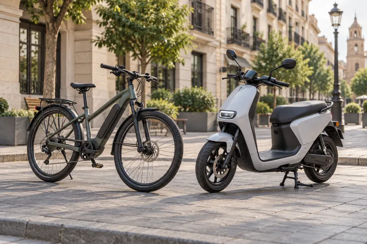 Bicicleta elétrica com pedais e ciclomotor elétrico estacionados lado a lado numa rua urbana