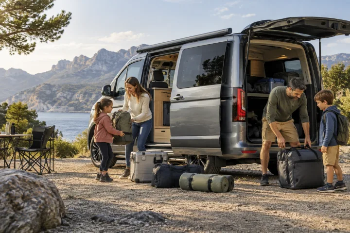 Familie neben einem geparkten Camper, bereit für eine gemeinsame Reise