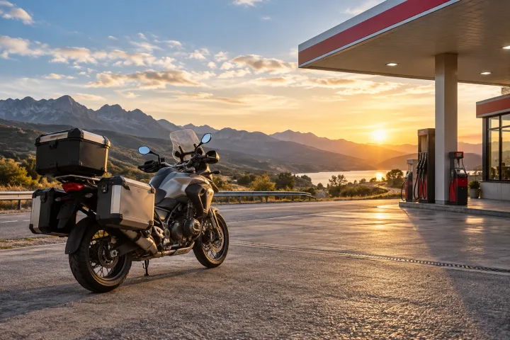 Touring motorcycle with luggage stopped at a roadside petrol station