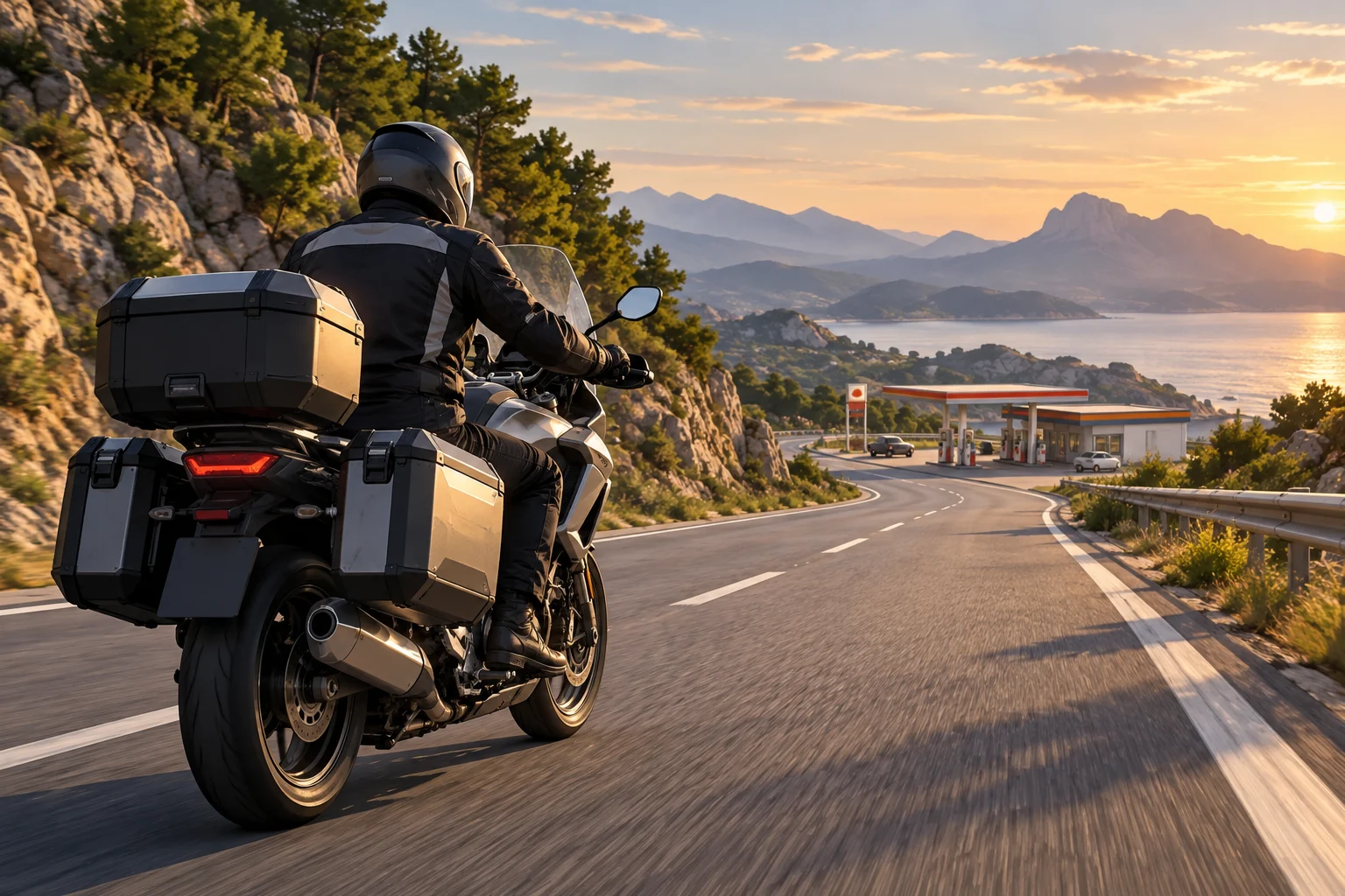 Loaded touring motorcycle on a road with a petrol station in the distance