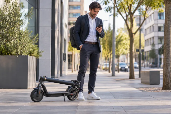 Trottinette électrique pliée à côté d’un sac à dos dans une entrée en ville