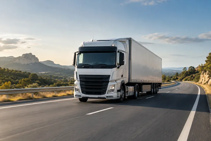 Transport-Lkw auf einer Straße, von vorn gesehen und mit ausreichend Platz ringsum, sodass Fahrzeug und Umgebung sichtbar sind.