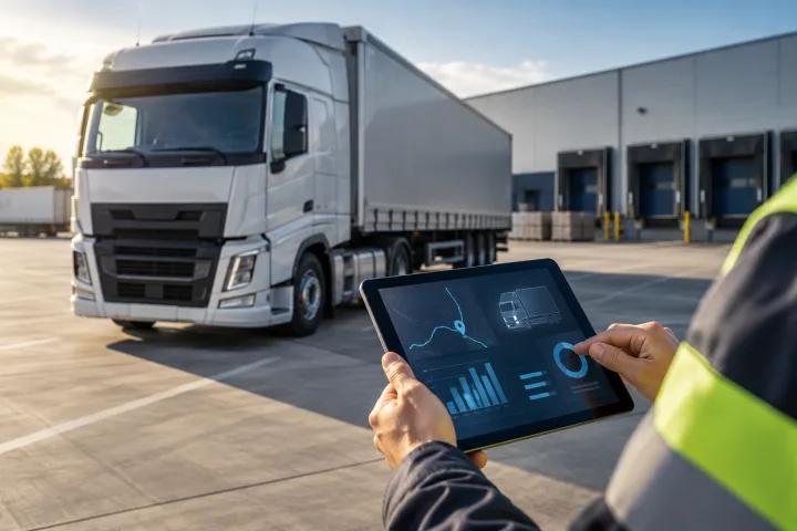 Truck in a logistics yard with a tablet displaying telematics graphs