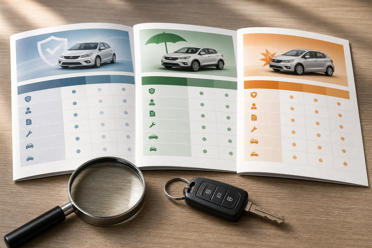 Tre documenti assicurativi, una lente d'ingrandimento e chiavi dell'auto su un tavolo