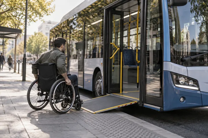 City bus stopped at a bus stop with its access ramp deployed