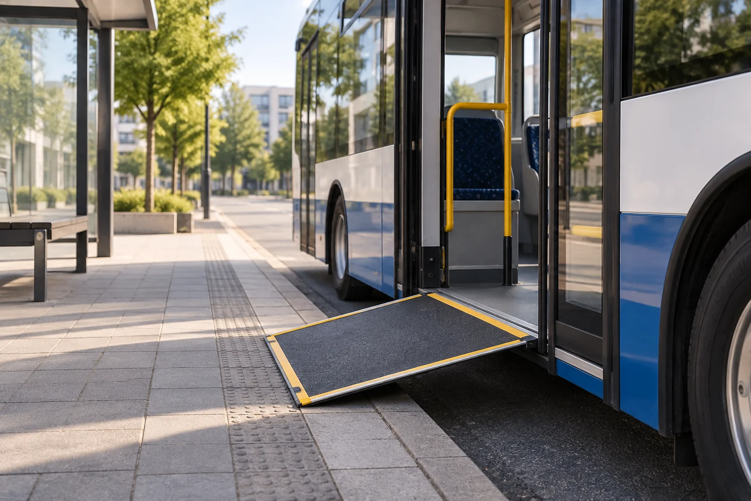 Rampa aberta entre um autocarro urbano e o passeio de uma paragem