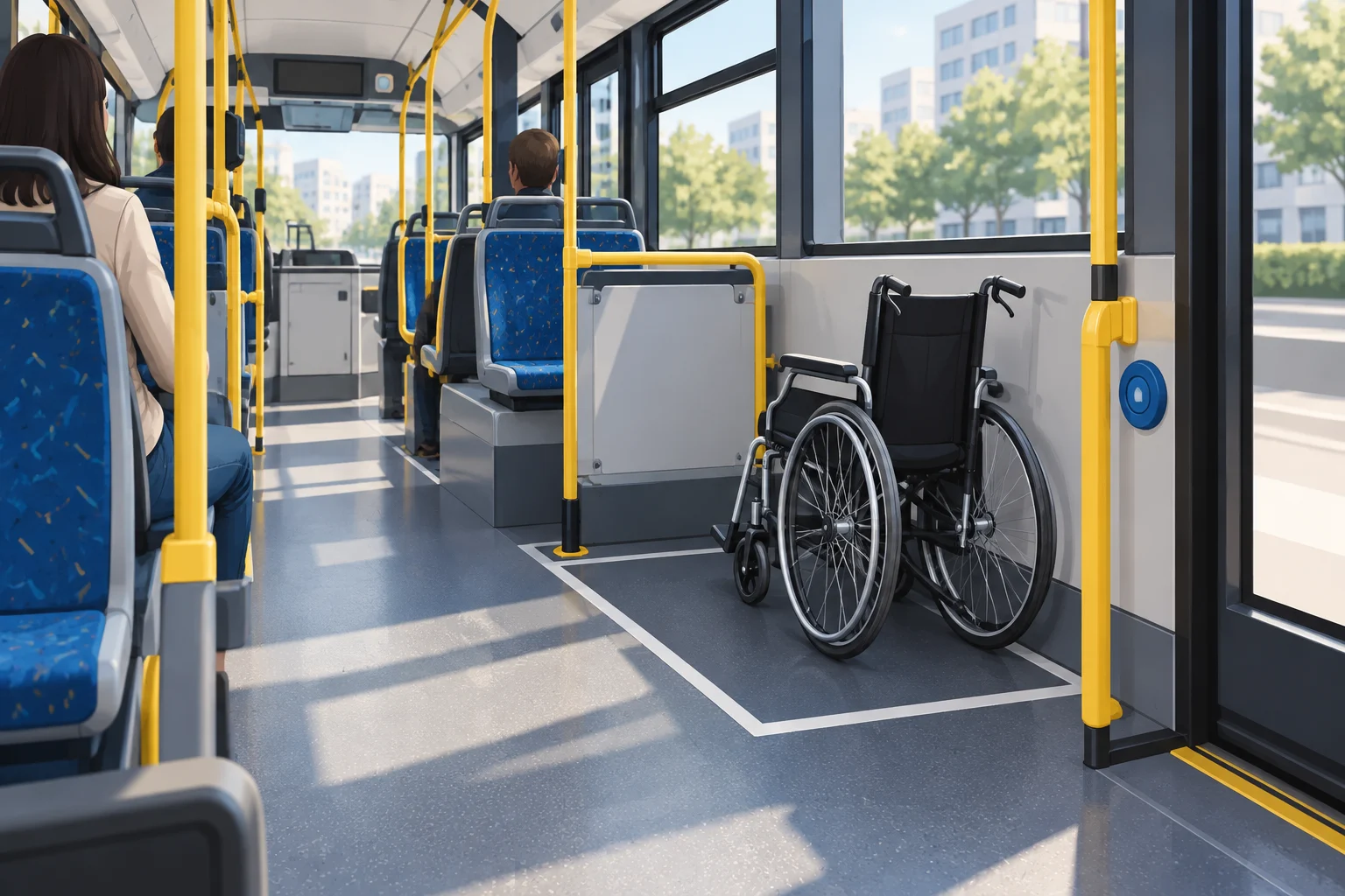 Espaço para uma cadeira de rodas no interior de um autocarro urbano