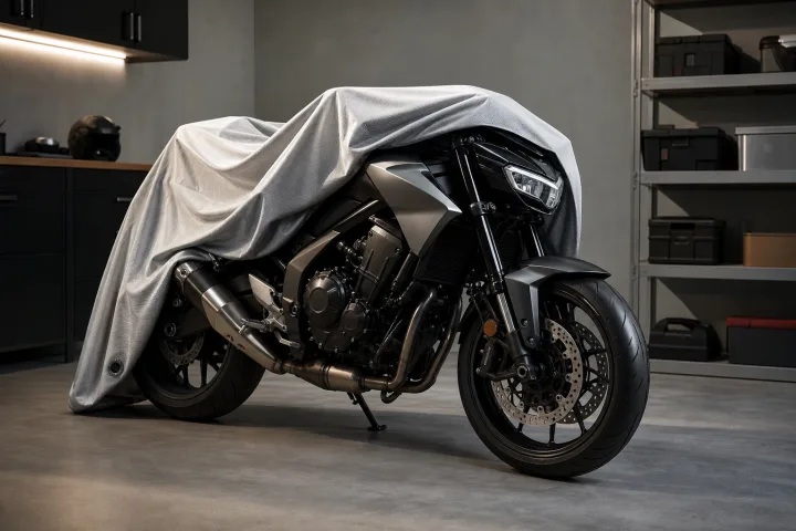 Motocicletta pulita e asciutta, coperta da un telo traspirante, parcheggiata in un garage al chiuso.