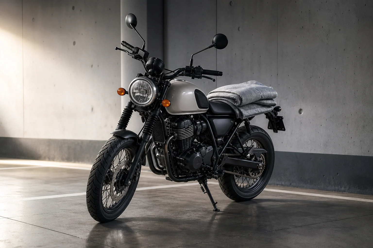 Moto sèche dans une place de garage, avec une housse respirante prête à la recouvrir.