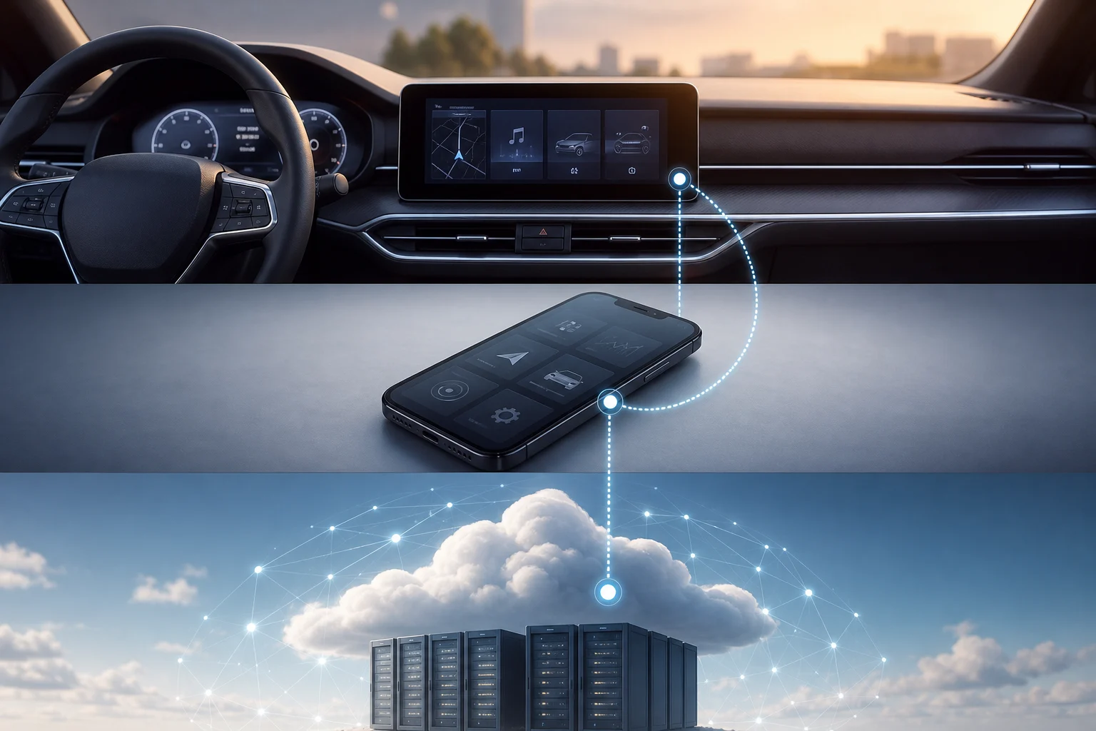 Esquema visual de um ecrã de carro, um telemóvel e serviços na nuvem como possíveis localizações de dados.