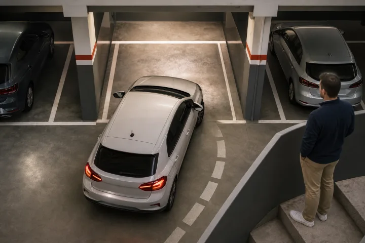 Voiture compacte entrant lentement dans une place de garage étroite entre deux piliers