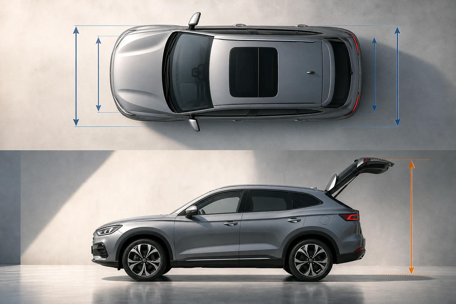 Esquema visual das dimensões de um carro com retrovisores desdobrados e porta da bagageira aberta