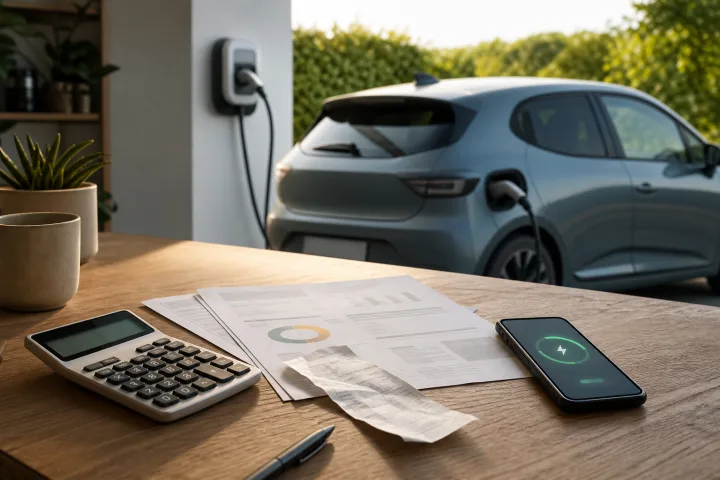Taschenrechner, Tankbeleg, Stromrechnung und ein an eine Ladestation angeschlossenes Auto