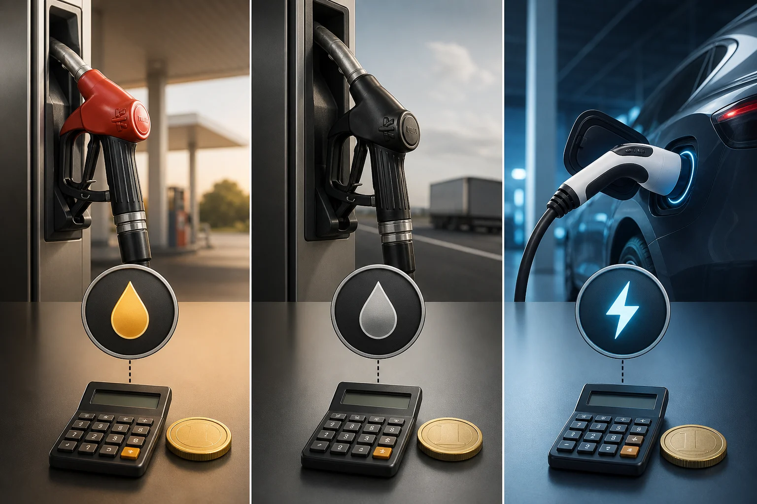 Drei Energiearten für ein Auto neben einem Taschenrechner dargestellt