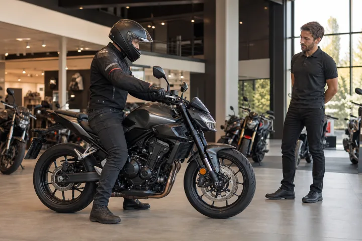Personne équipée pour la moto vérifiant l’appui de ses pieds sur une moto à l’arrêt dans une concession