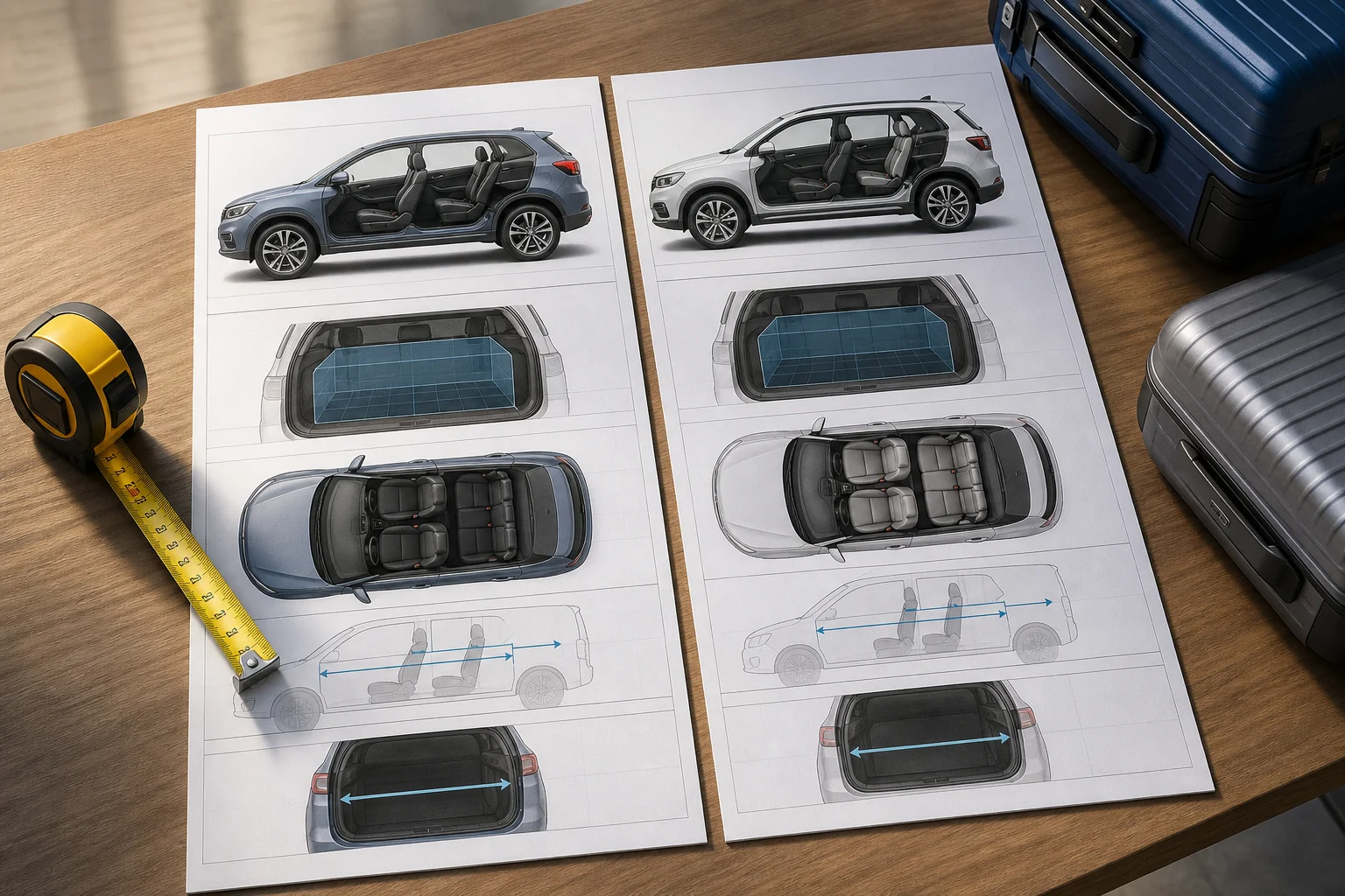 Duas fichas técnicas de carros comparadas junto de uma fita métrica e malas.